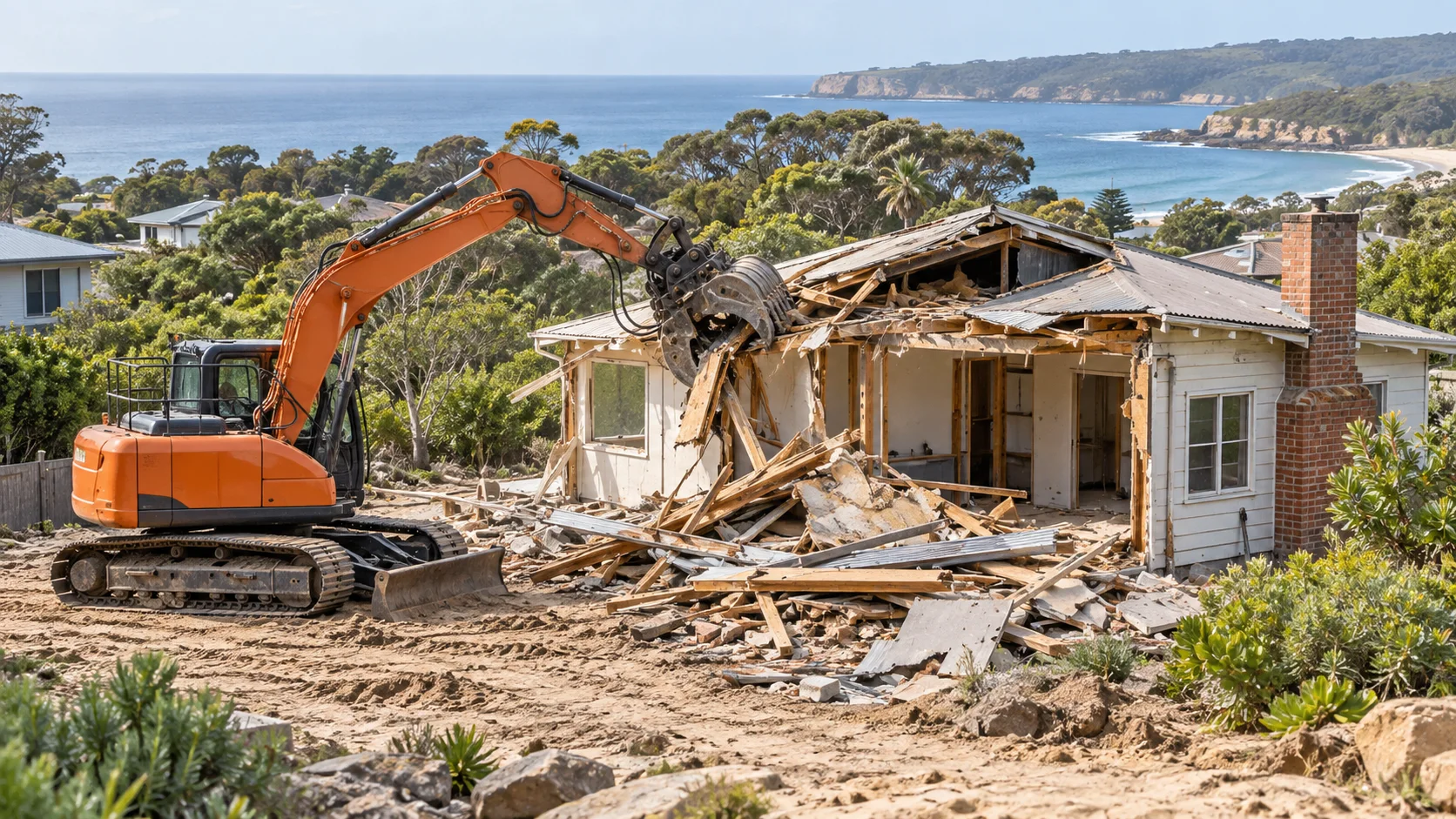 AI-generated realistic demolition scene in a Bundeena-inspired setting, not an actual project photograph