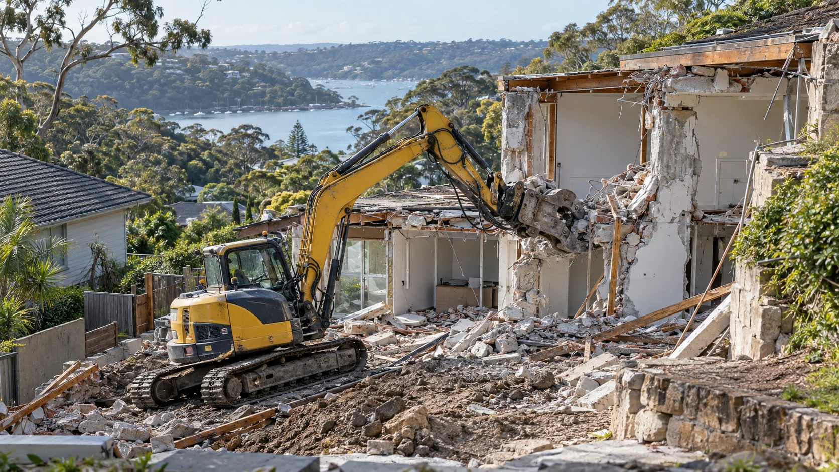 AI-generated realistic demolition scene in a Como-inspired setting, not an actual project photograph