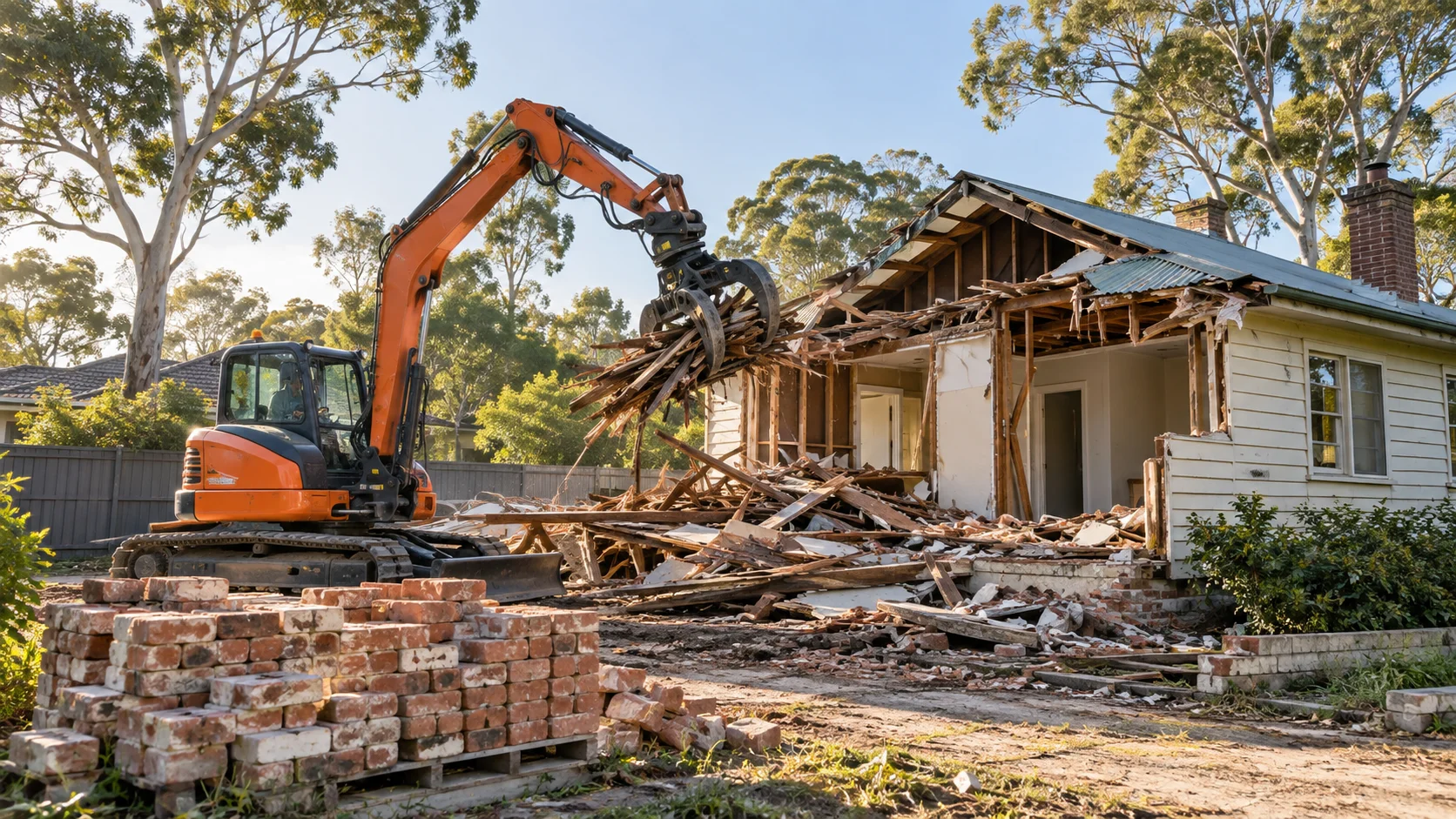 AI-generated realistic demolition scene in a Gymea-inspired setting, not an actual project photograph