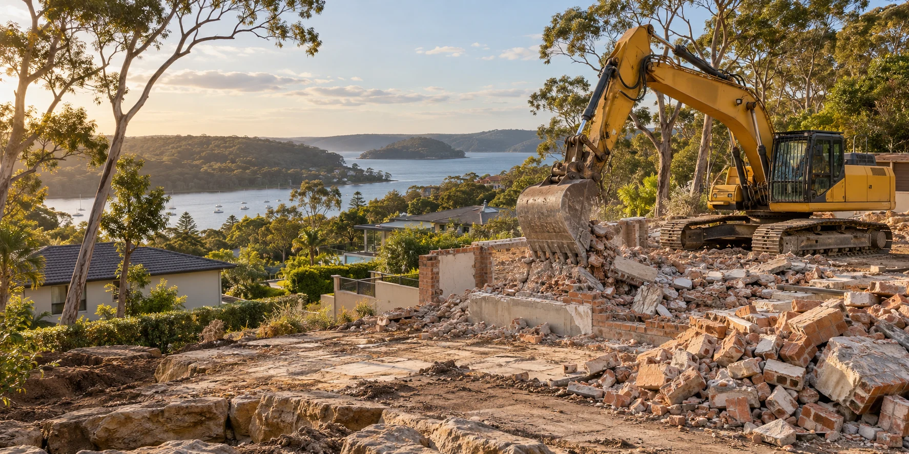 AI-generated illustration of a demolition site in a Sutherland Shire inspired setting
